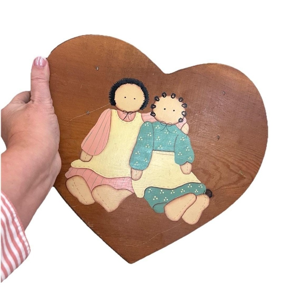 Folk Art Vintage Primitive Handpainted Oak Wood Heart Stool Cottage Decor